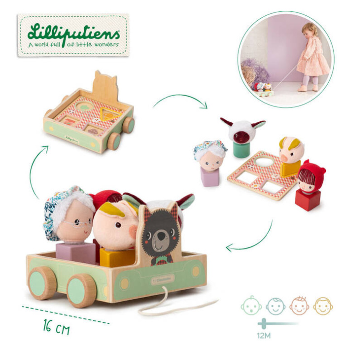 Drewniany wózek z sorterem do ciągnięcia Wilk Louis LILLIPUTIENS
