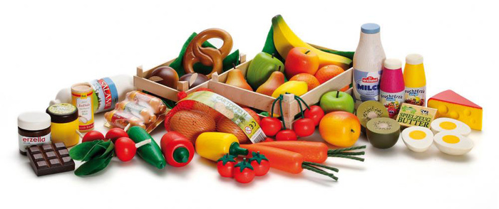 Zestaw XXL drewnianych artykułów spożywczych do zabawy w kuchnię restaurację sklep 43 elementy Big Box  Erzi 