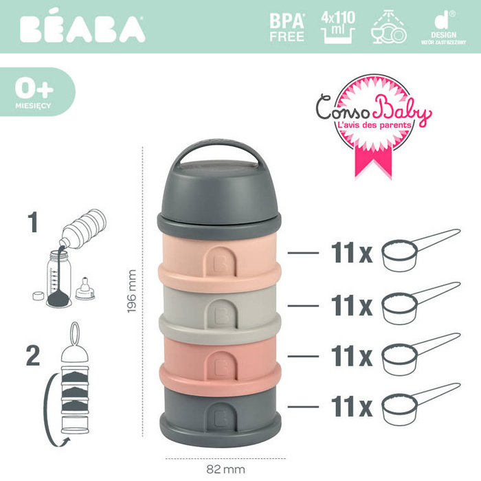Pojemniki na mleko w proszku 4x110ml cotton mineral grey pink Beaba