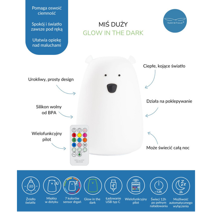 Lampka nocna dla dzieci Miś Duży świecący w ciemności z pilotem Rabbit & Friends
