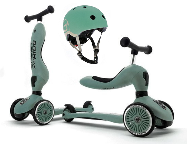 SCOOTANDRIDE Kask + Highwaykick1 2w1 jeździk i hulajnoga Zestaw Forest