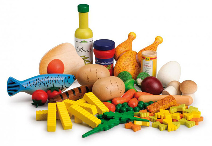 Zabawa w gotowanie drewniany zestaw do zabawy w kuchnię 75 elementów Erzi