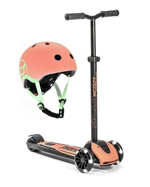 SCOOTANDRIDE Kask + Highwaykick 5 LED Hulajnoga trójkołowa balansowa ze świecącymi kółkami 5+ Zestaw Peach