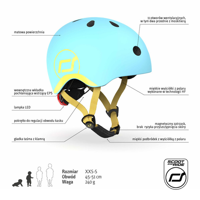 SCOOTANDRIDE Dziecięcy Kask XXS-S 1-5 lat światło LED magnetyczne zapięcie Blueberry
