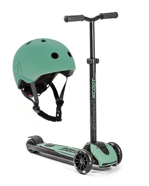 SCOOTANDRIDE Kask + Highwaykick 5 LED Hulajnoga trójkołowa balansowa ze świecącymi kółkami 5+ Zestaw Forest