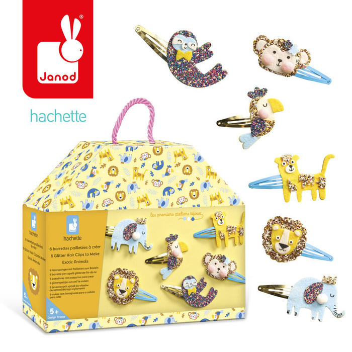 Zestaw kreatywny dla dzieci do tworzenia biżuterii Brokatowe spinki do włosów Egzotyczne zwierzęta Janod