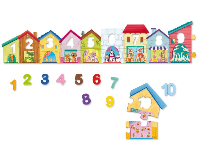 Puzzle dla dzieci Domki zwierzęta i nauka liczenia 1-10 Goula