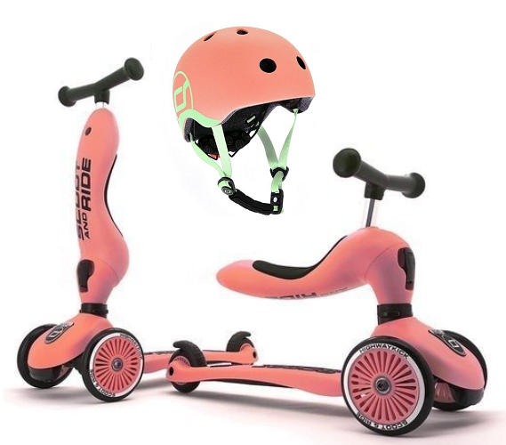 SCOOTANDRIDE Kask + Highwaykick1 2w1 jeździk i hulajnoga Zestaw Peach