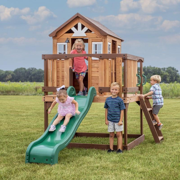 Drewniany Plac Zabaw Echo Heights Zjeżdżalnia kompaktowy Domek Kuchnia z akcesoriami do kreatywnej zabawy Backyard 