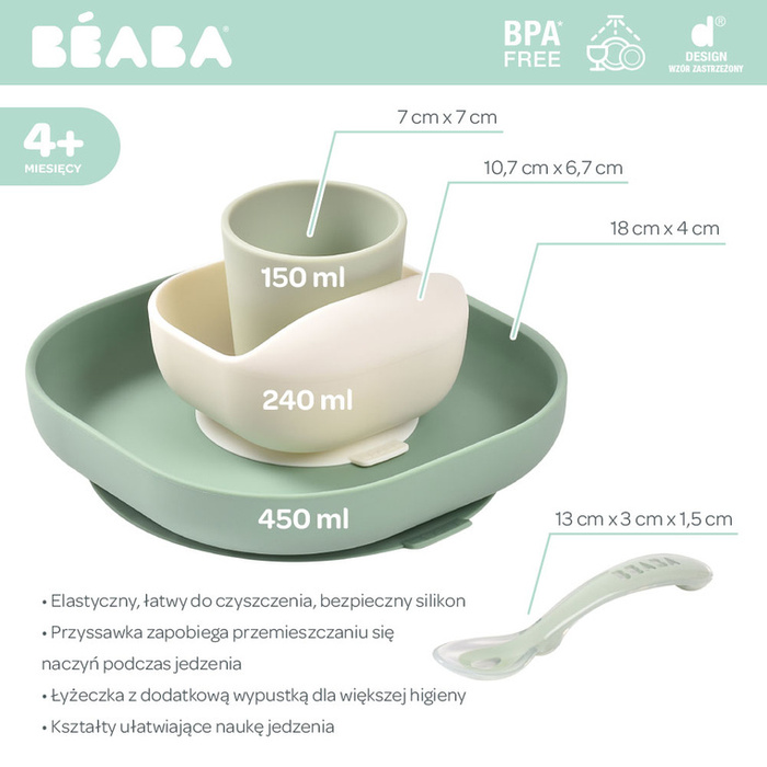 Komplet naczyń z silikonu z przyssawką Sage Green Beaba