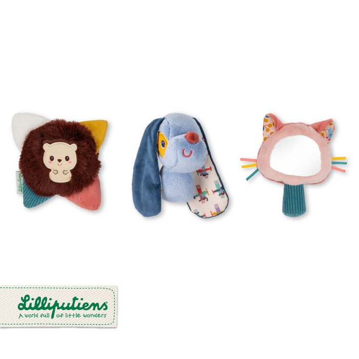 Lilliputiens Zestaw 3 wielofunkcyjnych zabawek sensorycznych dla niemowląt Piesek Jules, Kotka Jeanne i Jeżyk Leon 