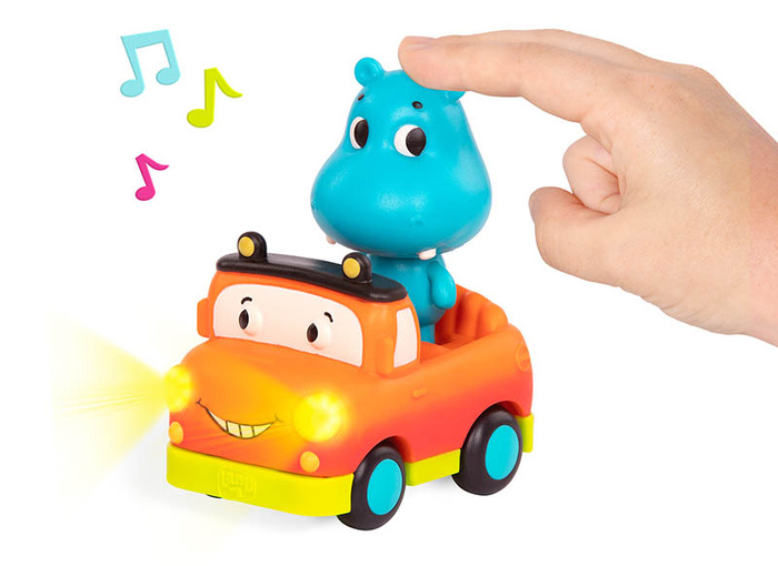 Zestaw 3 miękkich mini samochodzików sensorycznych światło i dźwięk Light Up Cars B.toys