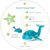 Cloud b® Tranquil Whale™ Blue Family Lampka z projekcją świetlną i grzechotką Wieloryb niebieski