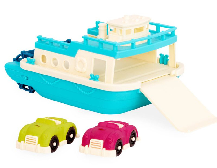 Prom z opuszczaną klapą pokładu oraz nakręcaną śrubą napędową w zestawie z 2 autkami B.toys