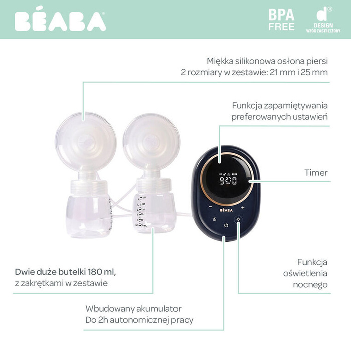 Podwójny laktator elektryczny 2x180 ml Night Blue Beaba