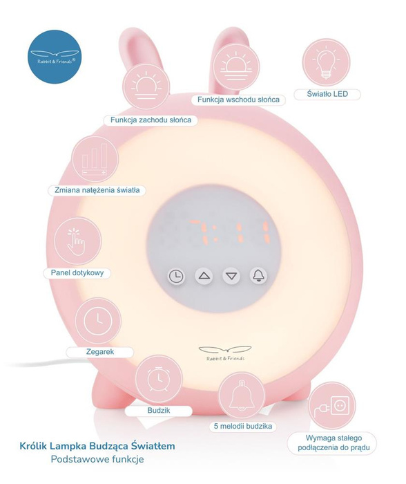 Lampka budzik różowy Królik Rabbit & Friends