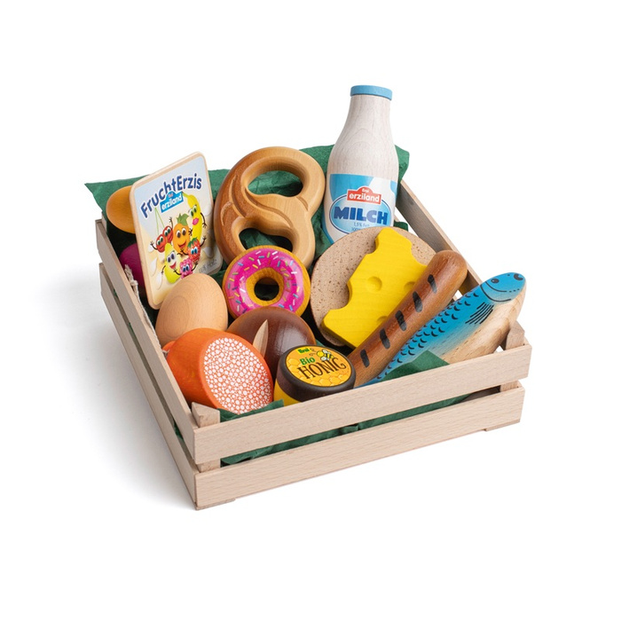 Zabawa w sklep Zestaw XL produktów spożywczych w skrzyneczce Erzi