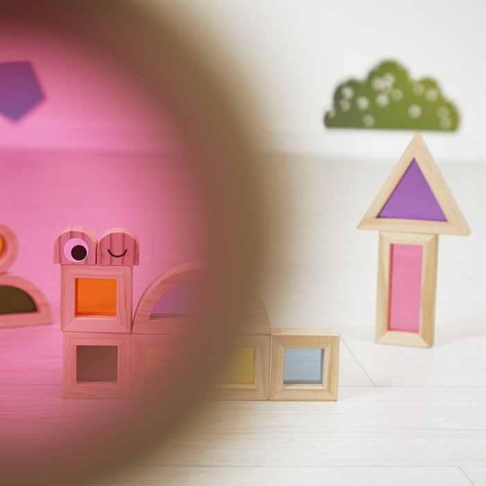 Klocki drewniane dla dzieci sensoryczne przeźroczyste kolorowe Janod