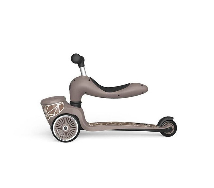 SCOOTANDRIDE Kask + Highwaykick1 2w1 jeździk i hulajnoga z zamykanym schowkiem Zestaw Brown Lines