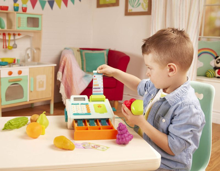 Kasa fiskalna do zabawy dla dzieci kalkulator i skaner kart Mini Cashier Playset B.Toys