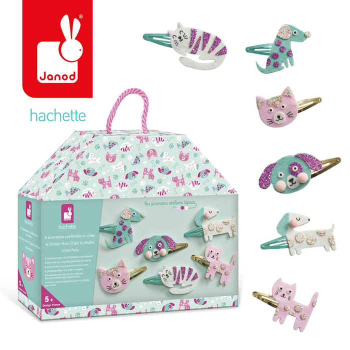 Zestaw kreatywny dla dzieci do tworzenia biżuterii brokatowe spinki do włosów Pieski i kotki Janod