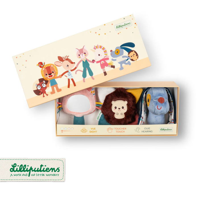 Lilliputiens Zestaw 3 wielofunkcyjnych zabawek sensorycznych dla niemowląt Piesek Jules, Kotka Jeanne i Jeżyk Leon 