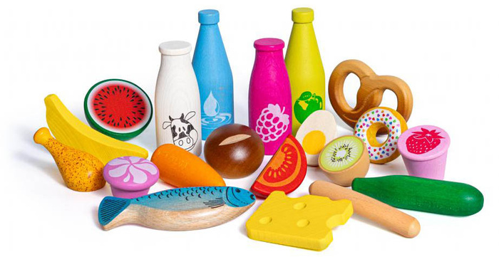 Drewniany zestaw artykułów spożywczych do zabawy w sklep kuchnię restaurację Big Box Junior Erzi