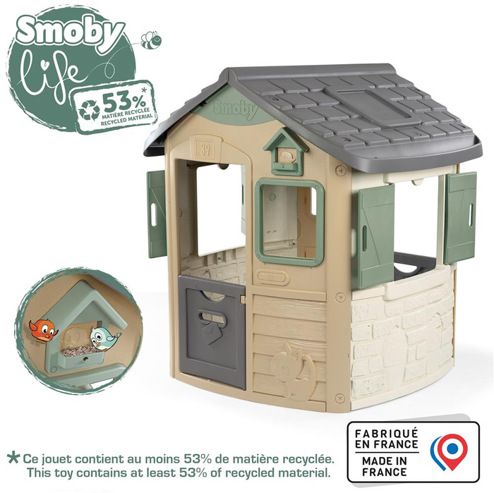 Smoby Domek ogrodowy Green Jura z bioplastiku podwójne Drzwi i otwierane Okna do zabawy na świeżym powietrzu