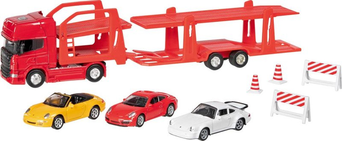 Ciężarówka z lawetą Super Truck auto transporter Scania V8 i 3 metalowe samochodziki Goki