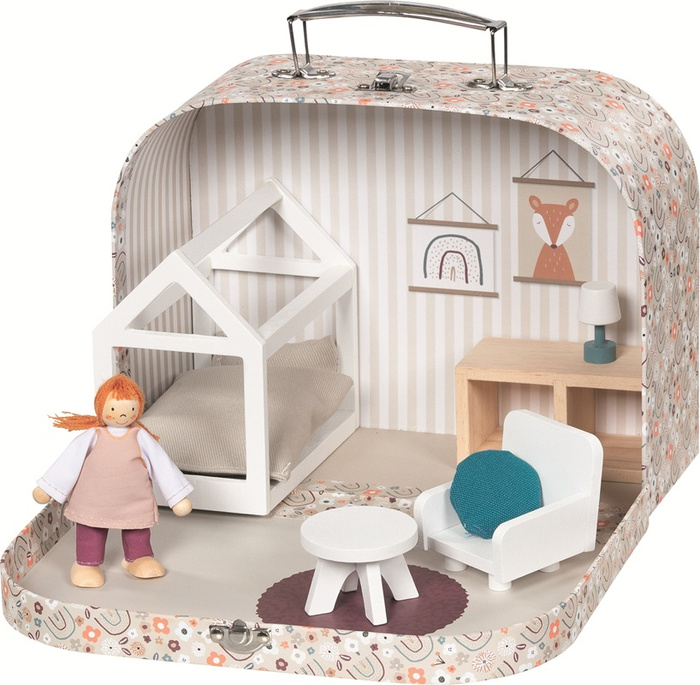 Przenośny Apartament dla lalki w walizce "Paryż" nr 137 Goki Domek z mebelkami i lalką