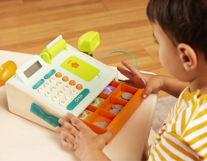Kasa fiskalna do zabawy dla dzieci kalkulator i skaner kart Mini Cashier Playset B.Toys