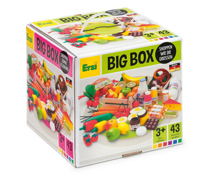 Zestaw XXL drewnianych artykułów spożywczych do zabawy w kuchnię restaurację sklep 43 elementy Big Box  Erzi 