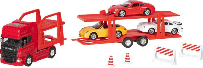 Ciężarówka z lawetą Super Truck auto transporter Scania V8 i 3 metalowe samochodziki Goki