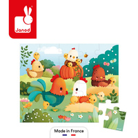 Puzzle w walizce 20 el. z kurkami i siankiem na łące Witajcie na farmie Janod