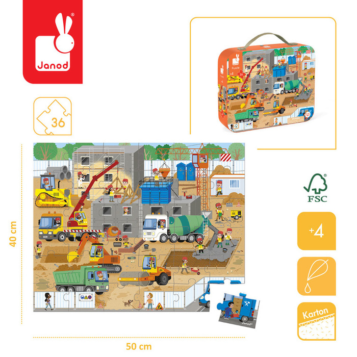 Puzzle dla dzieci w walizce Plac budowy 36 elementów Janod 