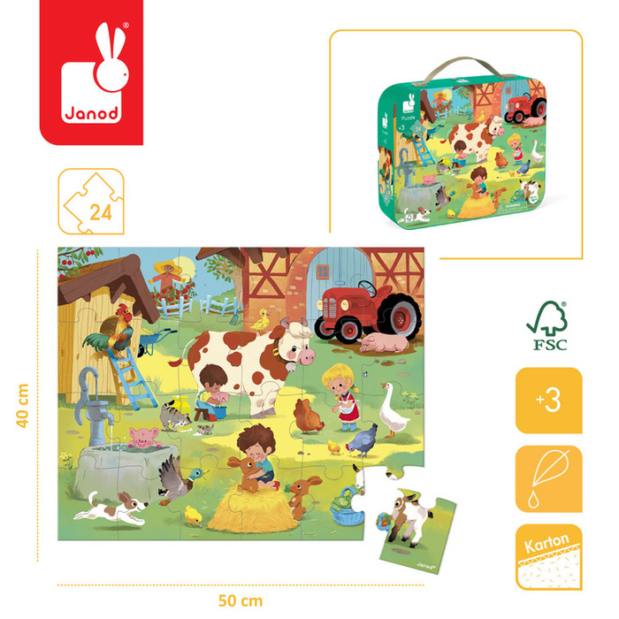 Puzzle dla dzieci w walizce Dzień na farmie 24 elementy Janod
