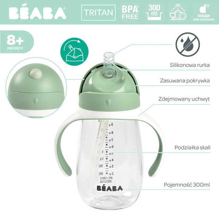 Butelka tritanowa ze słomką Kubek niekapek 300 ml Sage green Beaba