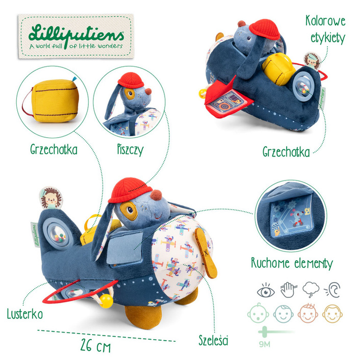 Lilliputiens Piesek Jules Przytulanka aktywizująca Samolot Zabawka sensoryczna i edukacyjna