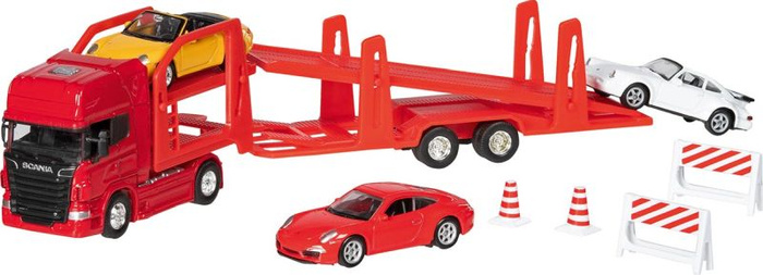 Ciężarówka z lawetą Super Truck auto transporter Scania V8 i 3 metalowe samochodziki Goki