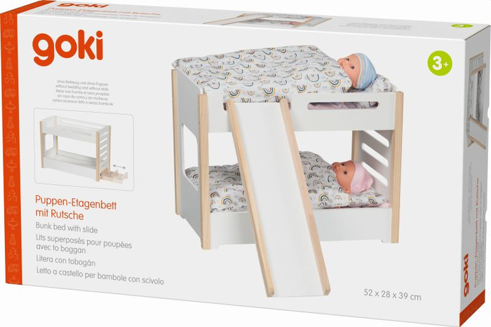 Drewniane łóżeczko piętrowe ze zjeżdżalnią dla lalek Goki