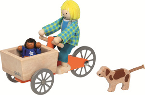 Drewniany Rower towarowy z dwiema lalkami i psem Goki Akcesoria do domku dla lalek