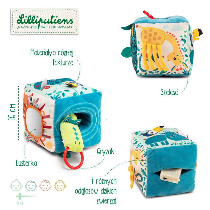 Wielofunkcyjna kostka z gryzakiem i pozytywką 7 odgłosów zwierząt Dżungla Lilliputiens