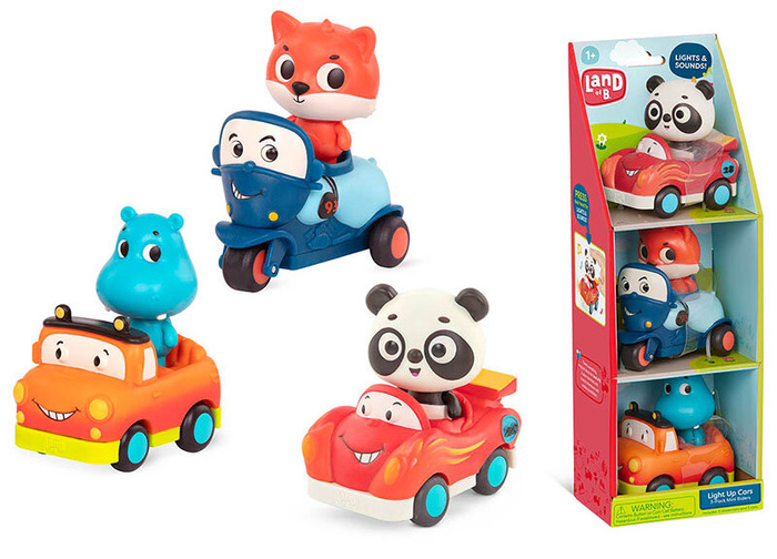 Zestaw 3 miękkich mini samochodzików sensorycznych światło i dźwięk Light Up Cars B.toys