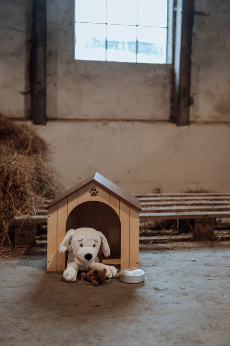 Domek drewniany z akcesoriami dla pluszowych piesków Astrup