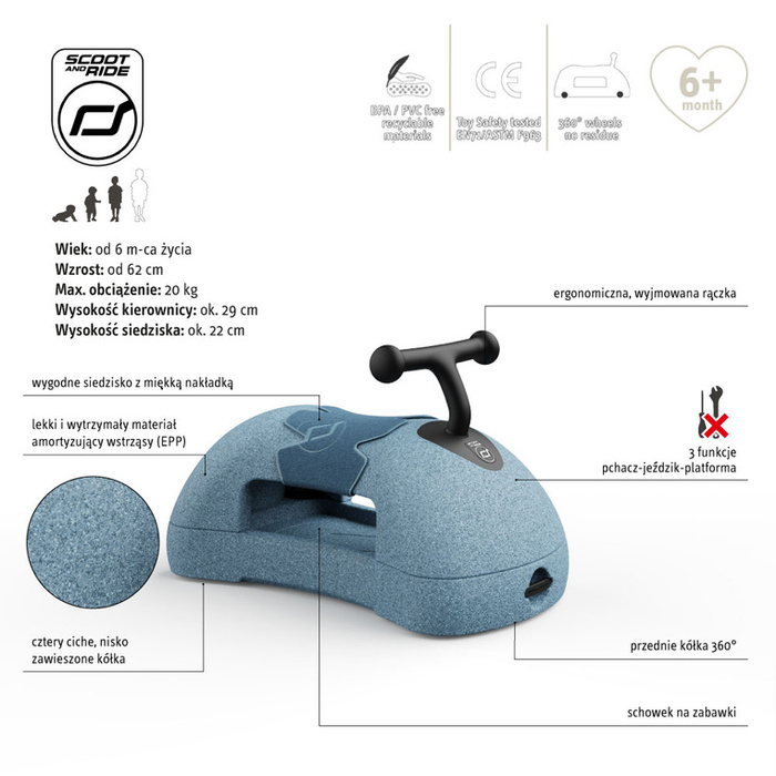 Scootandride My First jeździk pchacz dla dzieci 3w1 6 m+ Steel niebieski