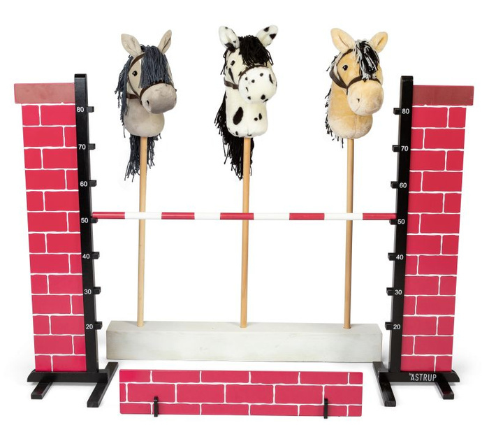 Koń na kiju brązowy i przeszkoda mur Zestaw do Hobby Horse do zabawy w domu i plenerze Astrup