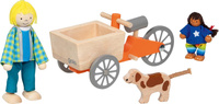 Drewniany Rower towarowy z dwiema lalkami i psem Goki Akcesoria do domku dla lalek