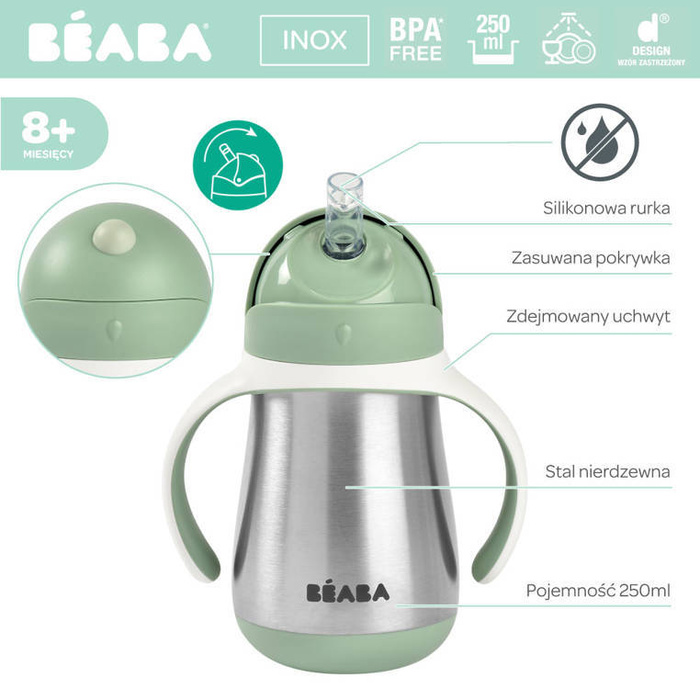 Bidon termiczny dla dziecka Niekapek ze słomką termobutelka 250ml Sage green Beaba