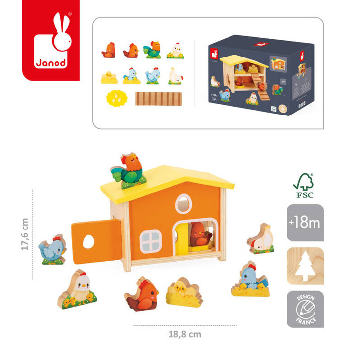 Zabawa w Farmę z drewnianym domkiem Mój pierwszy kurnik Janod