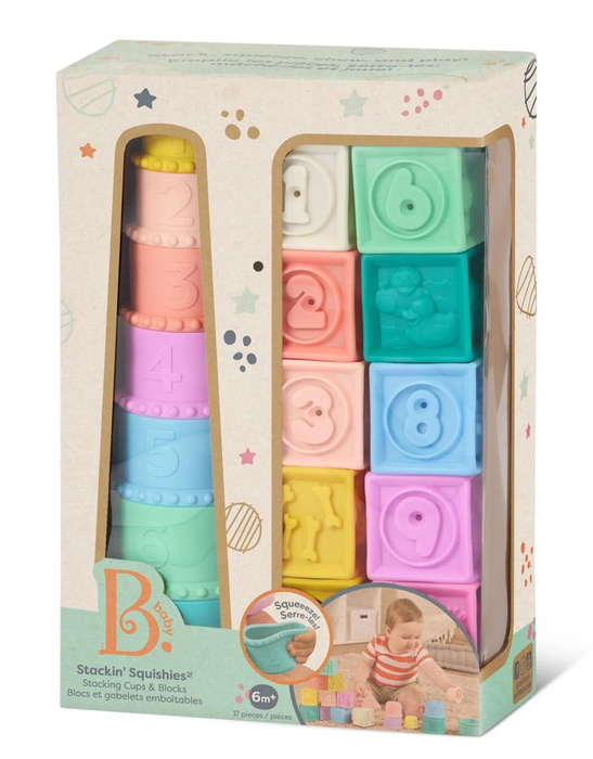 Miękkie kubeczki i klocki sensoryczne 2w1 dla dzieci Stackin’ Squishies B.Toys